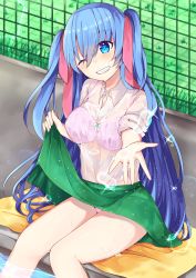 Rule 34 | 1girl, blue eyes, blue hair, blush, bow, bow bra, bra, bralines, breasts, clothes lift, collared shirt, commentary request, day, fence, green skirt, grin, hair between eyes, head tilt, highres, lifting own clothes, long hair, maki soutoki, medium breasts, moe2018, original, outdoors, outstretched arm, panties, pink bra, pink panties, see-through, shirt, short sleeves, skirt, skirt lift, smile, soaking feet, solo, towel, two side up, underwear, very long hair, water, wet, wet clothes, wet shirt, white shirt