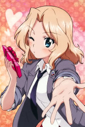Rule 34 | 10s, 1girl, blazer, blonde hair, blouse, blowing kiss, blue eyes, gift, girls und panzer, grey jacket, highres, jacket, kay (girls und panzer), long hair, necktie, official art, one eye closed, open clothes, open jacket, patterned background, school uniform, shirt, sleeves rolled up, solo, valentine, white shirt