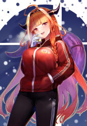 Rule 34 | adidas, black hairband, black pants, braid, dragon girl, dragon horns, dragon tail, gloves, hair intakes, hairband, hand in pocket, highres, hololive, horns, jacket, kinoko (shikimylove), kiryu coco, multicolored hair, pants, red jacket, side braid, streaked hair, tail, track jacket, track suit, virtual youtuber, white gloves