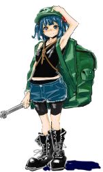 Rule 34 | 1girl, alternate costume, arm at side, arm up, armpits, backpack, bag, bare arms, bare shoulders, bike shorts, bike shorts under shorts, black footwear, black shirt, blouse, blue eyes, blue hair, blush, boots, closed mouth, collarbone, cross-laced footwear, denim, denim shorts, full body, green hat, hair bobbles, hair ornament, hand on headwear, hat, holding, kawashiro nitori, key, lace-up boots, looking at viewer, pocket, shirt, short hair, shorts, simple background, sleeveless, sleeveless shirt, smile, solo, standing, sweat, torso (hjk098), touhou, two side up, white background