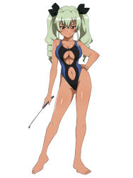 Rule 34 | &gt;:p, 10s, 1girl, :p, anchovy (girls und panzer), bare arms, bare legs, bare shoulders, barefoot, black ribbon, black one-piece swimsuit, blush, breasts, cleavage, closed mouth, clothing cutout, competition swimsuit, contrapposto, drill hair, girls und panzer, green hair, groin, hair ribbon, hand on own hip, highleg, highleg swimsuit, highres, holding, kagemusha, large breasts, legs apart, long hair, looking at viewer, navel, navel cutout, one-piece swimsuit, red eyes, ribbon, riding crop, smile, solo, standing, stomach, swimsuit, tan, toes, tongue, tongue out, tsurime, twin drills, twintails, underboob, underboob cutout, v-shaped eyebrows
