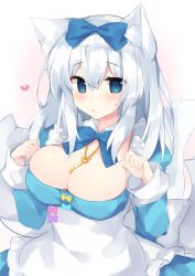 Rule 34 | 1girl, :o, animal ears, apron, blue bow, blue bowtie, blue dress, blush, bow, bowtie, breasts, cat ears, cat girl, cat tail, character request, cleavage, commentary request, cowboy shot, detached sleeves, dress, frilled apron, frills, hair between eyes, hair bow, hair ornament, hands up, heart, highres, jewelry, key, key necklace, large breasts, long hair, long sleeves, looking at viewer, maid, maid apron, miko (royal milk), necklace, open mouth, original, puffy sleeves, silver hair, skindentation, solo, tail, waist apron, white apron