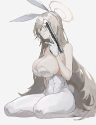 Rule 34 | 1girl, akane (blue archive), akane (bunny) (blue archive), animal ears, blue archive, bolt action, breasts, brown eyes, detached collar, glasses, halo, handgun, highres, kawatiw, large breasts, leotard, long hair, pantyhose, playboy bunny, rabbit ears, rabbit tail, smile, solo, tail, trigger discipline, welrod, white leotard, white pantyhose, wrist cuffs