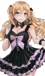 Rule 34 | 1girl, absurdres, alternate costume, black dress, blonde hair, blush, bow, braid, breasts, brown eyes, cleavage, dress, dress bow, frilled dress, frills, hagioshi, hair between eyes, highres, kantai collection, long hair, looking at viewer, medium breasts, open mouth, side braid, simple background, sleeveless, solo, two side up, wavy hair, white background, zara (kancolle)