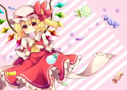 Rule 34 | 1girl, ascot, blonde hair, blush, bow, candy, cowboy shot, crystal, eating, flandre scarlet, food, frilled shirt collar, frilled skirt, frills, hat, hat bow, highres, lollipop, looking at viewer, mob cap, puffy short sleeves, puffy sleeves, red bow, red eyes, red skirt, red vest, ruhika, short sleeves, side ponytail, skirt, skirt set, solo, star (symbol), touhou, vest, wings, wrist cuffs