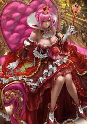 Rule 34 | 1girl, breasts, cleavage cutout, clothing cutout, commission, crown, dress, eiyuu densetsu, gloves, high heels, highres, holding, holding scepter, kaopon, large breasts, looking at viewer, pink hair, puffy sleeves, sara valestein, scepter, sen no kiseki, sitting, skeb commission, solo, throne, twitter username, yellow eyes