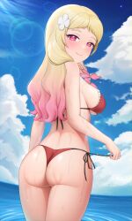 Rule 34 | 1girl, ass, back, bikini, blonde hair, blush, braid, breasts, closed mouth, flower, gradient hair, hair flower, hair ornament, halterneck, highres, large breasts, long hair, looking at viewer, looking back, love live!, love live! superstar!!, low twin braids, multicolored hair, ocean, onitsuka natsumi, outdoors, partially submerged, pink eyes, pink hair, red bikini, side-tie bikini bottom, smile, solo, string bikini, swimsuit, thong, thong bikini, twin braids, yisusjpl