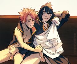 Rule 34 | 2boys, black hair, bottomless, brothers, erection, fairy tail, handjob, highres, incest, male focus, masturbation, multiple boys, natsu dragneel, penis, pink hair, siblings, sitting, smile, sweat, teeth, testicles, wince, wink, yaoi, zeref