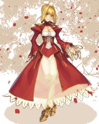 Rule 34 | 10s, 1girl, ahoge, armored boots, blonde hair, boots, breasts, choker, cleavage, corset, fate/extra, fate (series), full body, green eyes, head tilt, highres, long skirt, long sleeves, looking at viewer, matsuharu (lip-mil), medium breasts, nero claudius (fate), nero claudius (fate) (all), nero claudius (fate/extra), panties, petals, see-through, short hair, shrug (clothing), sidelocks, skirt, smile, solo, standing, underwear, white panties, wide sleeves