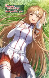 Rule 34 | 1girl, absurdres, armor, armpits, asuna (sao), bare shoulders, brown eyes, brown hair, dress, grass, highres, long hair, looking at viewer, on grass, open mouth, outdoors, red skirt, skirt, smile, sword art online, thighhighs, thighs, white armor, white dress, white thighhighs, yoru kiri