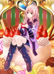 Rule 34 | 1girl, bike shorts, boots, brown eyes, cake, chocolate, cup, flower, food, fruit, hair ornament, legs, long hair, macaron, mug, original, pastry, pink hair, pocky, pudding, scarf, sitting, solo, strawberry, wasabi (payan)