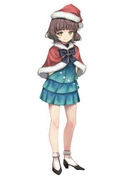 Rule 34 | 1girl, absurdres, ahoge, bow, bowtie, brown eyes, brown hair, capelet, cowboy shot, dress, full body, fur-trimmed headwear, fur trim, green dress, hat, high heels, highres, kantai collection, kishinami (kancolle), looking at viewer, merry christmas, red capelet, red hat, santa hat, short hair, simple background, smile, solo, wavy hair, white background, yashin (yasinz)