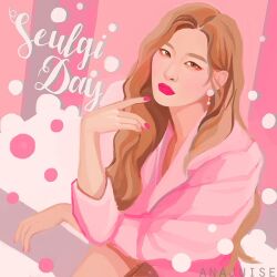 Rule 34 | 1girl, anajuise, animification, artist name, brown hair, character name, circle, closed mouth, commentary request, earrings, eyeliner, jacket, jewelry, k-pop, long hair, looking at viewer, makeup, pink jacket, pink lips, pink nails, pink theme, real life, red velvet (group), seulgi (red velvet), sitting, solo