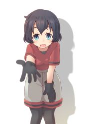 Rule 34 | 10s, 1girl, black gloves, black hair, black pantyhose, blue eyes, blurry, blush, depth of field, foreshortening, gloves, grey shorts, hair between eyes, hand on own knee, hatafuta, highres, kaban (kemono friends), kemono friends, leaning forward, looking at viewer, open mouth, outstretched arm, outstretched hand, pantyhose, reaching, reaching towards viewer, red shirt, shadow, shirt, short hair, shorts, smile, solo, wavy hair