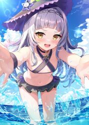 Rule 34 | 1girl, adju ster, bare shoulders, bikini, bikini skirt, black bikini, black choker, black hat, blue sky, blush, breasts, choker, cloud, commentary request, criss-cross halter, day, grey hair, hair ornament, halterneck, hat, highres, hololive, long hair, looking at viewer, murasaki shion, murasaki shion (hololive summer 2019), navel, official alternate costume, open mouth, outdoors, outstretched arms, reaching, reaching towards viewer, sky, small breasts, smile, solo, stomach, swimsuit, virtual youtuber, water, wet, witch hat