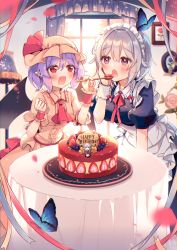 Rule 34 | 2girls, animal, apron, ascot, bat wings, blue dress, blue eyes, blush, bow, braid, bug, butterfly, cake, drawing (object), dress, fingernails, food, fruit, hair between eyes, hair bow, hat, highres, holding, holding spoon, insect, izayoi sakuya, kirero, maid apron, maid headdress, mob cap, multiple girls, nail polish, open mouth, pink dress, pink headwear, pointy ears, puffy short sleeves, puffy sleeves, purple hair, red ascot, red bow, red eyes, red nails, remilia scarlet, short hair, short sleeves, silver hair, smile, spoon, strawberry, touhou, twin braids, white apron, window, wings