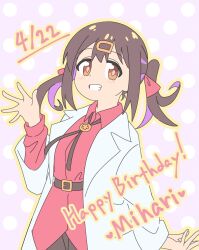 Rule 34 | 1girl, belt, black hair, bolo tie, brown eyes, character name, coat, colored inner hair, commentary, dated, dot nose, english text, grin, hair ornament, hair ribbon, hairclip, hand up, happy birthday, highres, lab coat, long sleeves, looking at viewer, multicolored hair, nuurise2023, onii-chan wa oshimai!, open clothes, open coat, outline, oyama mihari, polka dot, polka dot background, purple hair, red ribbon, red shirt, ribbon, shirt, simple background, smile, solo, twintails, two-tone hair, untucked shirt, wing collar, yellow outline
