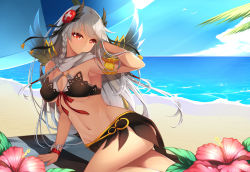 Rule 34 | 1girl, armlet, beach, beach umbrella, black valkyrie (p&amp;d), bracelet, braid, breasts, cleavage, dark valkyrie (p&amp;d), day, dean (momodean), gradient background, hair ornament, highres, jewelry, looking at viewer, md5 mismatch, navel, outdoors, puzzle &amp; dragons, red eyes, silver hair, single braid, sky, solo, towel, umbrella, valkyrie (p&amp;d), water