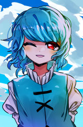 Rule 34 | 1girl, arms behind back, blue hair, blue vest, blush, cloud, commentary, day, highres, ichirugi, juliet sleeves, long sleeves, one eye closed, open mouth, puffy sleeves, red eyes, shirt, short hair, sky, smile, solo, tatara kogasa, touhou, upper body, vest, wavy hair, white shirt