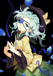 Rule 34 | 1girl, aqua eyes, bow, darkness, eyepatch, fingers together, floral print, hat, hat bow, komeiji koishi, long sleeves, looking at viewer, petals, plant, seeker, shirt, silver hair, skirt, solo, third eye, touhou, vines, wide sleeves
