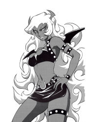 Rule 34 | 10s, 1girl, aratamaru, armlet, bare shoulders, bat wings, bracelet, breasts, cleavage, cleavage cutout, clothing cutout, collar, contrapposto, demon girl, eyelashes, fang, greyscale, halterneck, halterneck, hand on own hip, highleg, highleg panties, highres, horns, jewelry, large breasts, long hair, midriff, mini wings, miniskirt, monochrome, panties, panty &amp; stocking with garterbelt, pointy ears, scan, scanty (psg), side slit, skirt, narrow waist, smile, solo, spiked bracelet, spiked collar, spikes, standing, studded, thigh strap, underwear, very long hair, wavy hair, wings