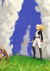 Rule 34 | 1girl, black footwear, blonde hair, blood, bloody weapon, blue eyes, blue jacket, boots, buttons, cloud, cloudy sky, day, france, gloves, grass, hair blowing, highres, holding, holding weapon, jacket, knee boots, legs apart, long hair, looking afar, meadow, original, pants, saber (weapon), shoulder belt, skulfaran, sky, solo focus, standing, sword, tailcoat, war, weapon, wheel, white gloves, white pants