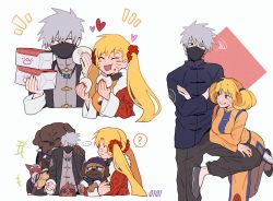 Rule 34 | ..., 10birthday10, 1boy, 1girl, ?, black eyes, blonde hair, blue eyes, breasts, closed eyes, dog, eating, facial mark, food, genderswap, genderswap (mtf), grey hair, grin, hatake kakashi, holding, holding food, jewelry, long sleeves, mask, multiple dogs, multiple views, naruko (naruto), naruto (series), naruto shippuuden, necklace, one eye closed, pakkun (naruto), pantyhose, parted lips, scar, scar across eye, scar on face, simple background, smile, speech bubble, teeth, too many, too many dogs, twintails, uzumaki naruto, watermark, whisker markings, white background