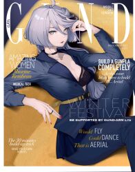 Rule 34 | 1girl, absurdres, aged up, black bra, bra, breasts, choker, clays (clayschan), cover, english text, fake magazine cover, grey eyes, grey hair, gundam, gundam suisei no majo, hair between eyes, highres, long hair, looking at viewer, magazine cover, medium breasts, miorine rembran, nail polish, open clothes, outside border, red lips, red nails, solo, underwear