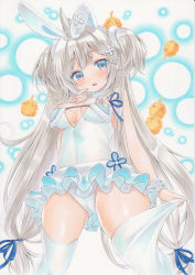 Rule 34 | 1girl, absurdres, animal ears, azur lane, blue eyes, breasts, commentary request, fake animal ears, grey hair, hair ornament, highres, leotard, long hair, looking at viewer, manjuu (azur lane), medium breasts, open mouth, playboy bunny, rabbit ears, simple background, solo, thighhighs, tsugumi (tky-fam), umikaze (azur lane), umikaze (soft and fluffy therapy) (azur lane), white thighhighs
