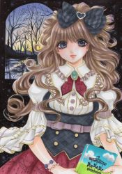 Rule 34 | 1girl, armband, artist name, bad id, bad pixiv id, bare tree, bird, black background, blue eyes, blue sky, bodice, book, bow, bracelet, brooch, carousel, dated, dress shirt, expressionless, eyelashes, hair bow, heart, highres, jewelry, light brown hair, lips, long hair, looking at viewer, marker (medium), original, puffy sleeves, shirt, skirt, sky, solo, sparkle, traditional media, tree, twilight, wavy hair, window, yuura arisa