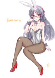 Rule 34 | 1girl, adapted costume, alternate costume, animal ears, black hair, black pantyhose, character name, commentary request, detached collar, glasses, grey leotard, heian maru (kancolle), high heels, invisible chair, kantai collection, koshigaya tatsumi, leotard, long hair, orange eyes, pantyhose, playboy bunny, rabbit ears, red footwear, round eyewear, simple background, sitting, solo, strapless, strapless leotard, white background, wrist cuffs