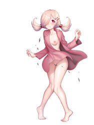 Rule 34 | barefoot, blush, breasts, convenient censoring, hair ornament, hairclip, ishikawa amu, legs together, lilith-soft, long sleeves, nipples, nude, official art, one eye covered, open clothes, open shirt, red eyes, shiny skin, shirt, shy, small breasts, taimanin (series), taimanin rpgx, twintails, wind, zol