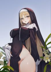 Rule 34 | 1girl, blonde hair, blush, breasts, cleft of venus, covered navel, cowboy shot, day, female pubic hair, flower, gloves, hair between eyes, long hair, looking at viewer, nijisanji, no panties, nun, open mouth, outdoors, pubic hair, pubic hair peek, pussy, pussy peek, side slit, simao (x x36131422), sister claire, sister claire (1st costume), solo, virtual youtuber, white gloves, yellow eyes