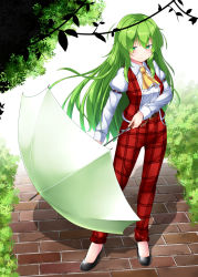 Rule 34 | 1girl, aka tawashi, ascot, black footwear, blush, bush, closed mouth, collared shirt, commentary request, contrapposto, day, full body, green eyes, green hair, high heels, highres, holding, holding umbrella, kazami yuuka, kazami yuuka (pc-98), legs apart, long hair, long sleeves, looking at viewer, open clothes, open vest, outdoors, pants, plaid, plaid pants, plaid vest, red pants, shadow, shirt, shoes, simple background, smile, solo, standing, stone floor, touhou, umbrella, very long hair, vest, white background, white shirt, wing collar, yellow ascot