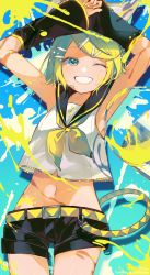 Rule 34 | 1girl, armpits, belt, belt buckle, black sailor collar, black shorts, black sleeves, blonde hair, blue eyes, buckle, commentary request, cowboy shot, crop top, detached sleeves, grin, hair ornament, hairclip, highres, kagamine rin, long sleeves, lying, midriff, nail polish, navel, neckerchief, on back, one eye closed, paint can, paint splatter, sailor collar, shirt, short shorts, shorts, sleeveless, sleeveless shirt, sleeves past wrists, smile, sofra, solo, swept bangs, vocaloid, white shirt, wide sleeves, yellow nails, yellow neckerchief
