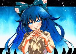 Rule 34 | 1girl, bangle, blue background, blue bow, blue eyes, blue hair, bow, bracelet, debt, gradient background, hair between eyes, hair bow, hood, hoodie, jewelry, long hair, qqqrinkappp, solo, touhou, traditional media, yorigami shion