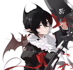 1girl animal animal_on_shoulder arknights bat_(animal) black_dress black_hair dress earrings entelechia_(arknights) flower frilled_shirt_collar frills gloves highres jewelry juliet_sleeves long_sleeves looking_at_viewer parted_lips pointy_ears puffy_sleeves red_eyes red_gloves rose scythe short_hair siguma_(13238772100) simple_background smile solo star-shaped_pupils star_(symbol) symbol-shaped_pupils upper_body white_background white_flower white_rose