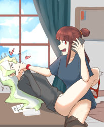 Rule 34 | 1boy, 1girl, bracelet, brown hair, cellphone, clothed sex, diana cavendish, futa with female, futanari, hand in mouth, heart, highres, holding, holding phone, jewelry, kagari atsuko, little witch academia, long hair, looking at viewer, multiple girls, oksandio, open mouth, panties, panties around leg, phone, ponytail, red eyes, red panties, rolling eyes, sex, smile, underwear