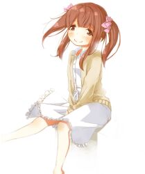 Rule 34 | 1girl, between legs, blush, bow, brown eyes, brown hair, brown jacket, closed mouth, collared shirt, commentary, dress shirt, feet out of frame, frilled skirt, frills, hair bow, hand between legs, idolmaster, idolmaster cinderella girls, jacket, ogata chieri, open clothes, open jacket, pink bow, shirt, simple background, skirt, smile, solo, twintails, white background, white shirt, white skirt, yukie (kusaka shi)