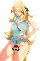 Rule 34 | 1girl, :p, ash ketchum, blonde hair, blue eyes, bottomless, breasts, censored, cleavage, creatures (company), cynthia (pokemon), game freak, hair ornament, hair over one eye, highres, large breasts, long hair, nintendo, nipples, novelty censor, pokemon, pokemon (anime), see-through, smile, tongue, tongue out, torn clothes, turizao, very long hair