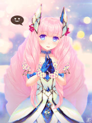 Rule 34 | 1girl, aurora (pso2), blue eyes, blunt bangs, choker, commentary request, dress, drill hair, fingers together, gloves, hair ornament, hicage hisoca, highres, jewelry, md5 mismatch, phantasy star, phantasy star online 2, pink hair, revision, solo, space print, spoken expression, starry sky print