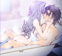 Rule 34 | 1boy, 1girl, alvin (tales), ass, bad id, bad pixiv id, bathing, bathtub, breasts, brown hair, completely nude, grey hair, hand on another&#039;s face, hetero, imminent kiss, long hair, mixed-sex bathing, no tail, nude, presa (tales), razor, shared bathing, short hair, sitting, steam, tales of (series), tales of xillia, uk-works