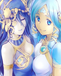 Rule 34 | 2girls, anklet, bare shoulders, blue eyes, blue hair, blue lips, breast press, breasts, choker, cleavage, crescent moon, dress, egyptian, closed eyes, facial mark, forehead mark, hair ornament, hair tubes, highres, ishiyumi, jewelry, lipstick, long hair, makeup, moon, multiple girls, nut (p&amp;d), puzzle &amp; dragons, sarasvati (p&amp;d), smile, symmetrical docking