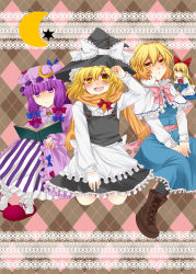 Rule 34 | 3girls, alice margatroid, apron, blonde hair, blush, bobby socks, book, boots, braid, capelet, cross-laced footwear, doll, expressionless, female focus, hand on headwear, hat, holding, holding book, jumping, kirisame marisa, long hair, long skirt, multiple girls, n-mix, open book, patchouli knowledge, popped collar, purple hair, reading, ribbon, sash, scarf, shanghai doll, short hair, side braid, skirt, slippers, smile, socks, touhou, v arms, witch hat