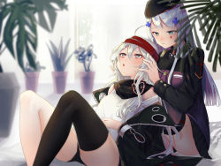Rule 34 | 2girls, :o, bad id, bad pixiv id, beret, black hat, black legwear, black shorts, blue hair, blunt bangs, closed mouth, clothing cutout, coat, facial mark, g11 (girls&#039; frontline), girls&#039; frontline, green eyes, green jacket, hair between eyes, hair ornament, hand in another&#039;s hair, hat, highres, hk416 (girls&#039; frontline), jacket, kyabetsu (user gkxx7444), leaning on person, long hair, looking at another, messy hair, multiple girls, off shoulder, open clothes, open coat, open mouth, personification, plaid, plaid skirt, shorts, shoulder cutout, sitting, skirt, teardrop, thighhighs, white hair