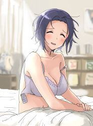 Rule 34 | 1girl, ^ ^, annko, bed sheet, blanket, blue hair, blurry, blurry background, blush, breasts, cleavage, closed eyes, collarbone, dark blue hair, forehead, idolmaster, idolmaster (classic), idolmaster million live!, indoors, large breasts, messy hair, miura azusa, morning, navel, on bed, own hands together, short hair, sitting, smile, solo, undone bra, unfastened