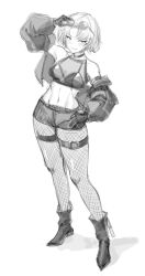 Rule 34 | 1girl, adjusting eyewear, bare shoulders, belt, blush, breasts, choker, cleavage, crop top, drake (nikke), drake (villain racer) (nikke), eyewear on head, fishnet pantyhose, fishnets, full body, gloves, goddess of victory: nikke, greyscale, grin, hand on eyewear, hand on own hip, highres, jacket, long sleeves, looking at viewer, micro shorts, monochrome, mugen kageno, navel, open clothes, open jacket, pantyhose, see-through, see-through cleavage, short hair, shorts, sketch, small breasts, smile, solo, standing, sunglasses, thigh belt, thigh strap