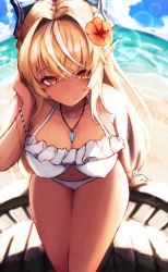 Rule 34 | 1girl, absurdres, beach, bikini, blonde hair, blush, bracelet, breasts, cleavage, commentary request, dark-skinned female, dark skin, handrail, highres, hololive, inre kemomimi, jewelry, large breasts, long hair, looking at viewer, necklace, ocean, orange eyes, pointy ears, shiranui flare, sitting, solo, swimsuit, virtual youtuber, white bikini