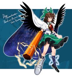 Rule 34 | arm cannon, asymmetrical legwear, bird wings, black wings, blue background, bow, brown hair, cape, closed mouth, commentary, commission, english commentary, english text, frilled skirt, frills, full body, green bow, green skirt, hair bow, kamenozoki momomo, lightning, long hair, looking at viewer, mismatched legwear, red eyes, reiuji utsuho, shirt, short sleeves, simple background, skeb commission, skirt, smile, starry sky print, third eye, touhou, weapon, white cape, white shirt, wings