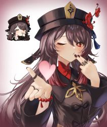 Rule 34 | 1girl, black nails, brown hair, chibi, chibi inset, chinese clothes, coat, flat chest, flower, flower-shaped pupils, genshin impact, gradient hair, hat, heart, highres, hu tao (genshin impact), jewelry, looking at viewer, meme, multicolored hair, nail polish, one eye closed, plum blossoms, red eyes, red shirt, reference inset, ring, shirt, simple background, symbol-shaped pupils, una kamra, white background